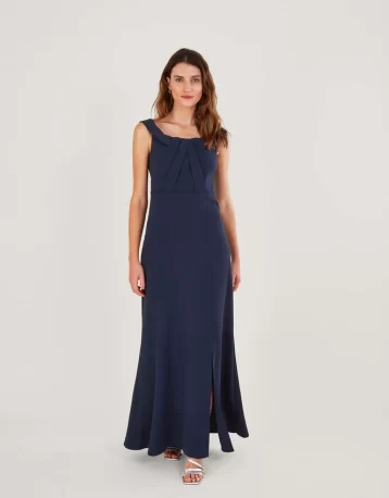 Monsoon Beatrice crepe bardot maxi bridesmaid dress navy blue