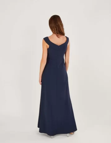 Monsoon Beatrice crepe bardot maxi bridesmaid dress navy blue