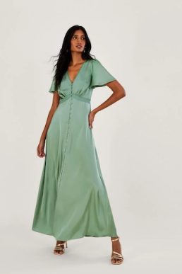 Monsoon Ivy satin maxi bridesmaid dress green