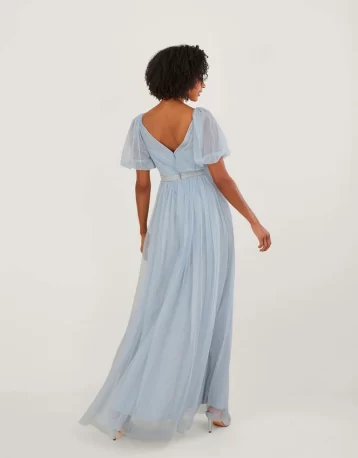 Monsoon Meghan mesh maxi bridesmaid dress in recycled blue