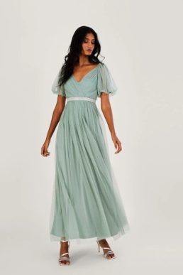 Monsoon Meghan mesh maxi bridesmaid dress in recycled green