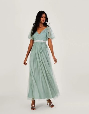 Monsoon Meghan mesh maxi bridesmaid dress in recycled green