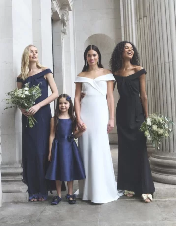 Monsoon Beatrice crepe bardot maxi bridesmaid dress navy blue