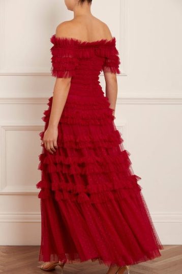 Needle & Thread Lisette Ruffle Off Shoulder Gown Red