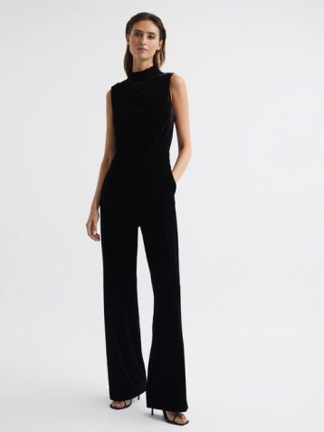 Reiss Diane Sleeveless Velvet Jumpsuit Black