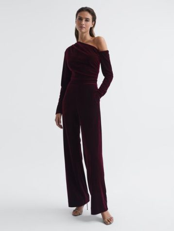 Reiss Ella Fitted Velvet Jumpsuit, Burgundy