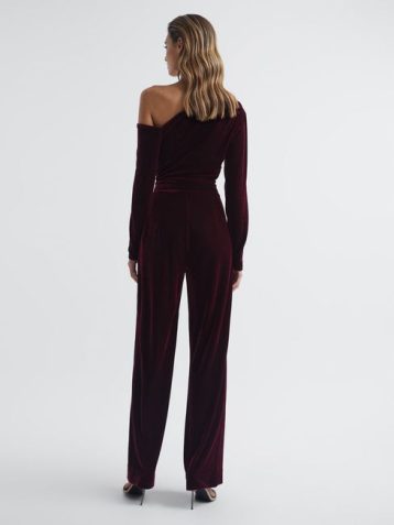 Reiss Ella Fitted Velvet Jumpsuit, Burgundy