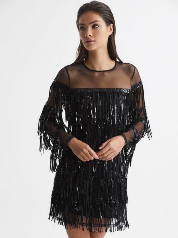 Reiss Josephine Fringe Sequin Sheer Mini Dress Black