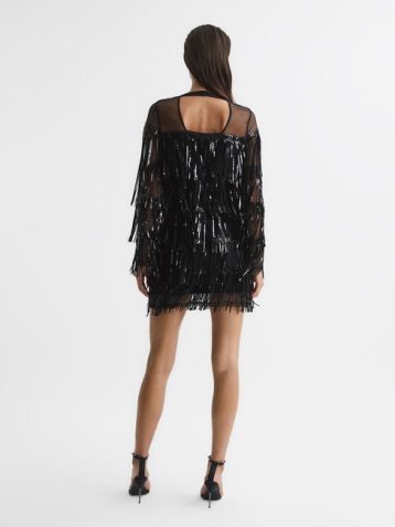 Reiss Josephine Fringe Sequin Sheer Mini Dress Black