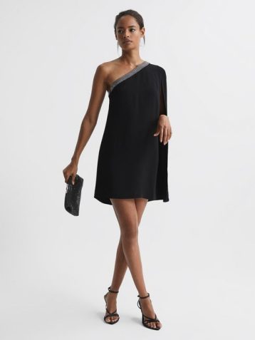 Reiss Marlene One Shoulder Embellished Mini Dress Black