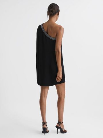 Reiss Marlene One Shoulder Embellished Mini Dress Black