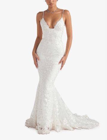 HOUSE OF CB Solene scallop-trim floral-lace bridal gown White