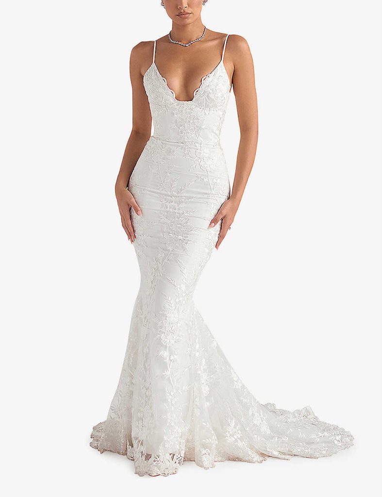 House Of Cb Solene Scallop Trim Floral Lace Bridal Gown White