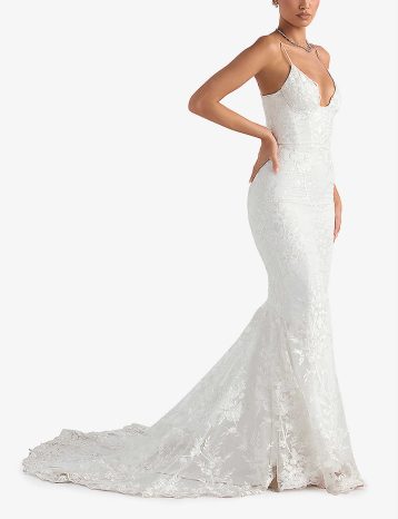 HOUSE OF CB Solene scallop-trim floral-lace bridal gown White