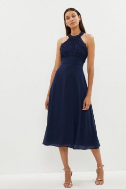 Coast 3d Floral Halter Neck Midi Bridesmaid Dress Navy Blue