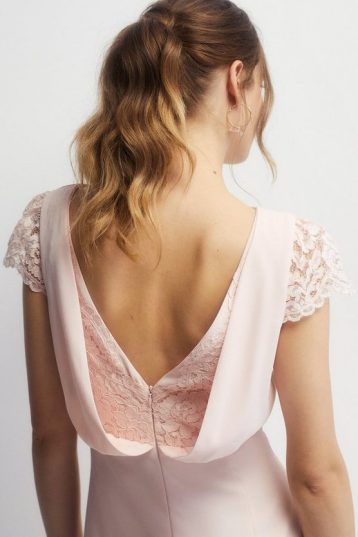 Coast Petite Lace Detail Satin Back Crepe Bardot Fishtail maxiBlush Pink