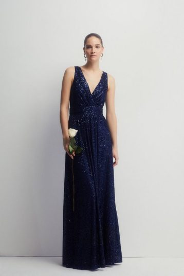 Coast Plunge Sequin Bridesmaids Maxi Dress, Navy Blue