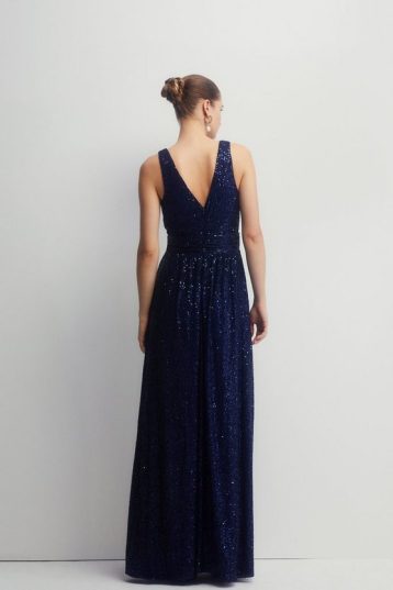 Coast Plunge Sequin Bridesmaids Maxi Dress, Navy Blue