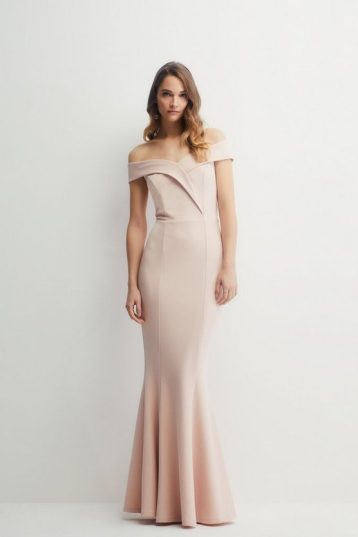 Sculpting Crepe Bardot Fishtail Bridesmaids Maxi Dress blush pink