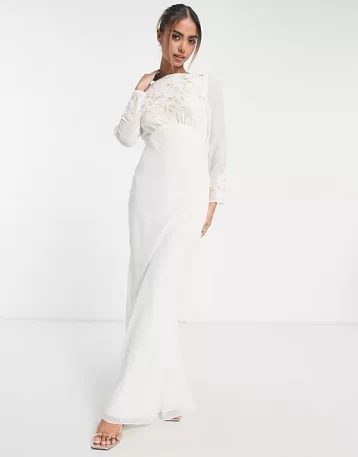 Hope & Ivy Bridal cowl back embroidered maxi wedding dress