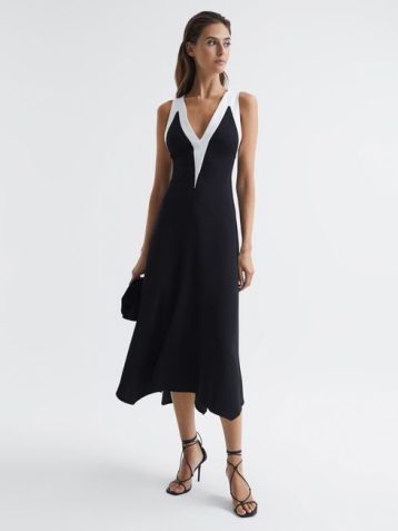 Reiss Autumn Colourblock V-Neck Midi Dress Black White