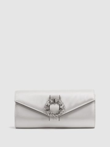 Reiss Delphine Diamanté Buckle Satin Clutch off white