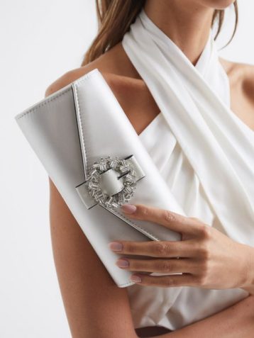 Reiss Delphine Diamanté Buckle Satin Clutch off white