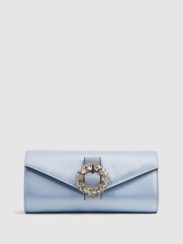 Reiss Delphine Diamanté Buckle Satin Clutch Powder Blue