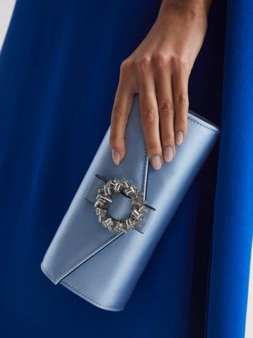 Reiss Delphine Diamanté Buckle Satin Clutch Powder Blue