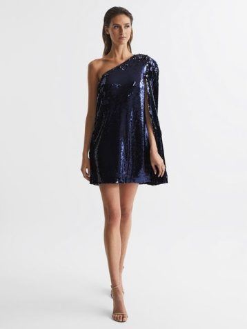 Reiss Eva Sequin Cape One Shoulder Mini Dress Blue