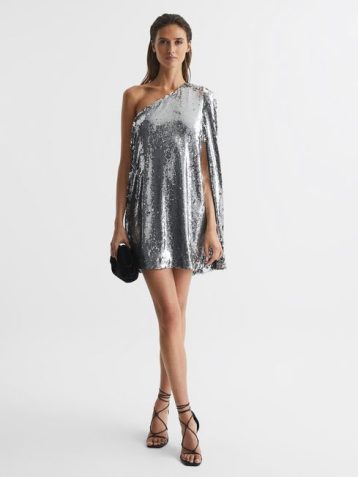 Reiss Eva Sequin Cape One Shoulder Mini Dress Silver