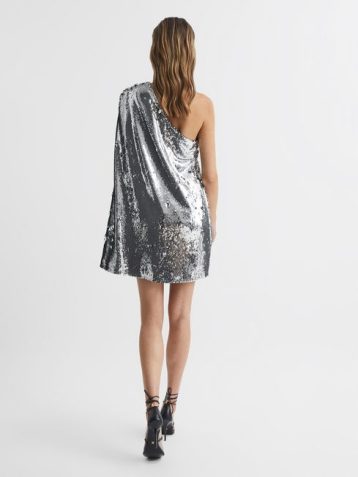 Reiss Eva Sequin Cape One Shoulder Mini Dress Silver