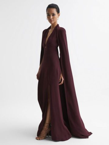 Reiss Grace Maxi Dress With Cape Burgundy Berry