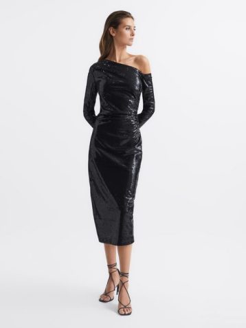 Reiss Jodie Sequinned Midi Dress Black