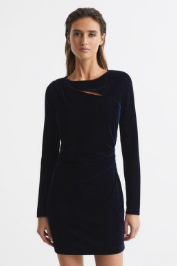 Reiss Katie Cut Out Velvet Mini Dress Navy Blue