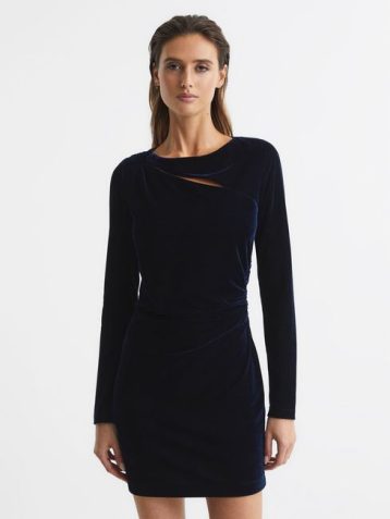 Reiss Katie Cut Out Velvet Mini Dress Navy Blue