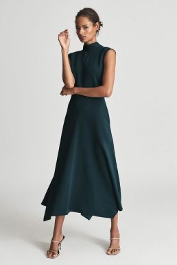 Reiss Livvy Open Back Midi Dress Dark Green