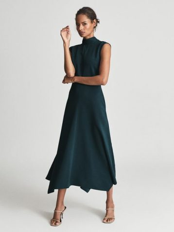 Reiss Livvy Open Back Midi Dress Dark Green