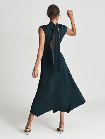 Reiss Livvy Open Back Midi Dress Dark Green