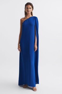 Reiss Nina Cape One Shoulder Maxi Dress Blue