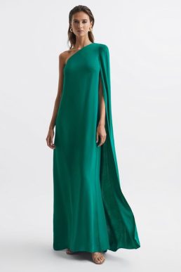 Reiss Nina Cape One Shoulder Maxi Dress Green