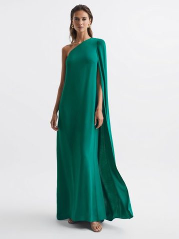 Reiss Nina Cape One Shoulder Maxi Dress Green