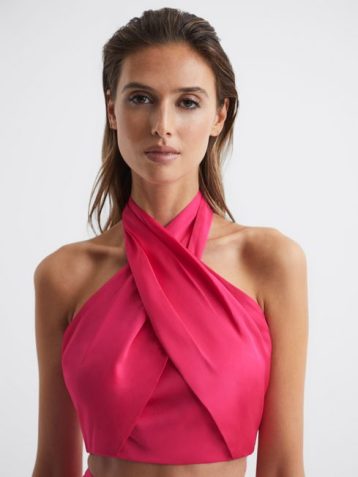 Reiss Ruby Cropped Halter Occasion Top Bright Pink