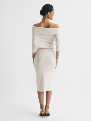 Reiss Sutton Off Shoulder Knitted Dress Off White