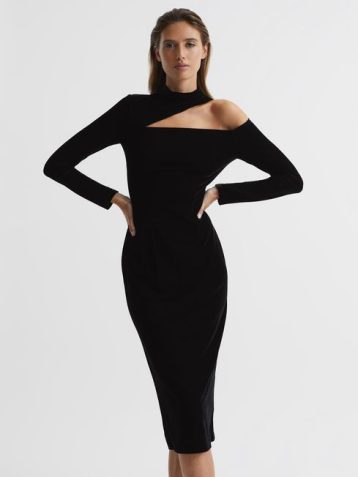 Reiss Tatiana Velvet Cut-Out Shoulder Dress Black