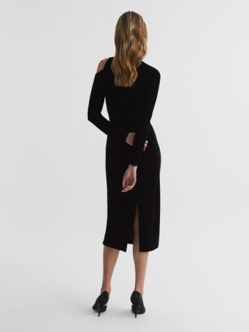 Reiss Tatiana Velvet Cut-Out Shoulder Dress Black