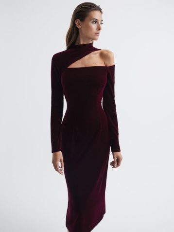 Reiss Tatiana Velvet Cut-Out Shoulder Dress Burgundy