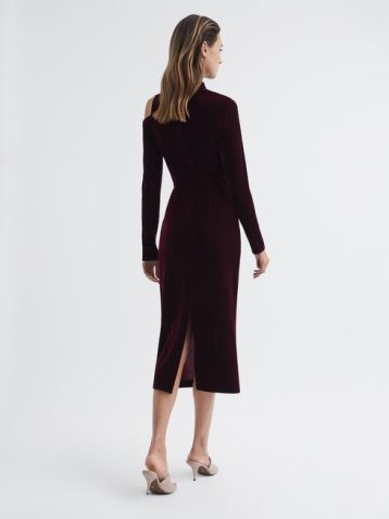 Reiss Tatiana Velvet Cut-Out Shoulder Dress Burgundy