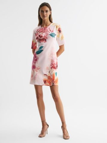 Reiss Tory Floral Printed Mini Shift Dress Pink Blush Multi