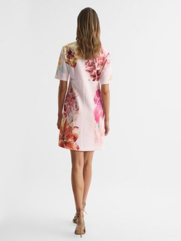 Reiss Tory Floral Printed Mini Shift Dress Pink Blush Multi